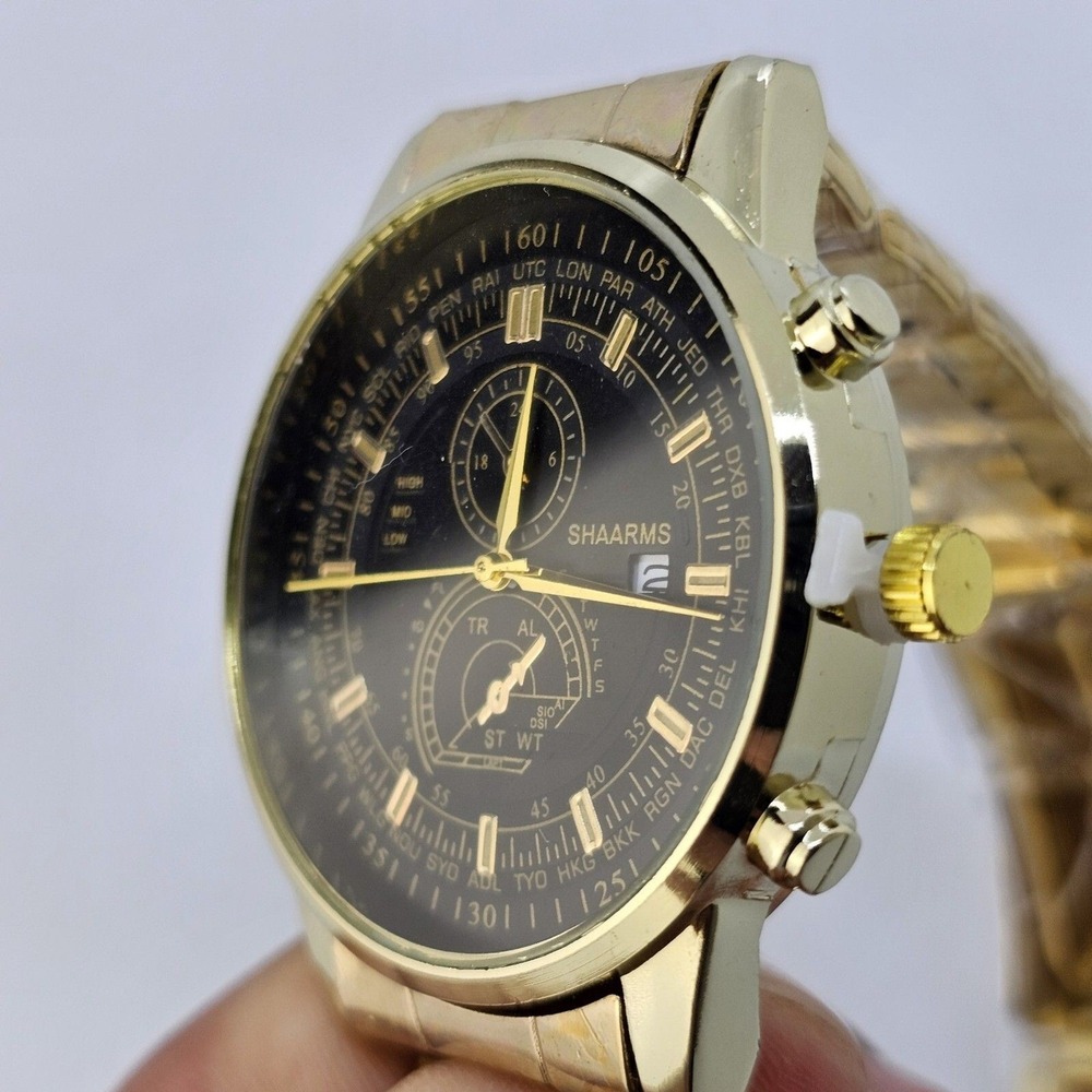 Men's 2PC Watch Bracelet Set 41MM Black Dial Date Gold Bracelet Band 7" Wrist - Picture 3 of 14